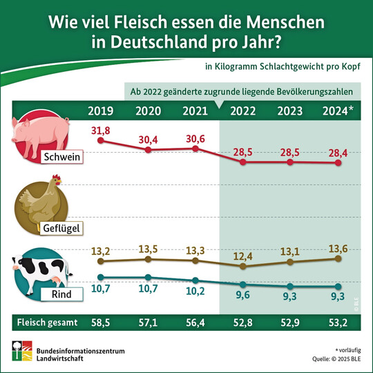 Fleischverzehr pro Kopf in kg der letzten Jahre in Deutschland.