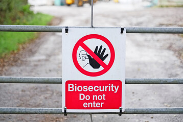 Biosicherheitsschild am Eingangstor eines landwirtschaftlichen Betriebs.
