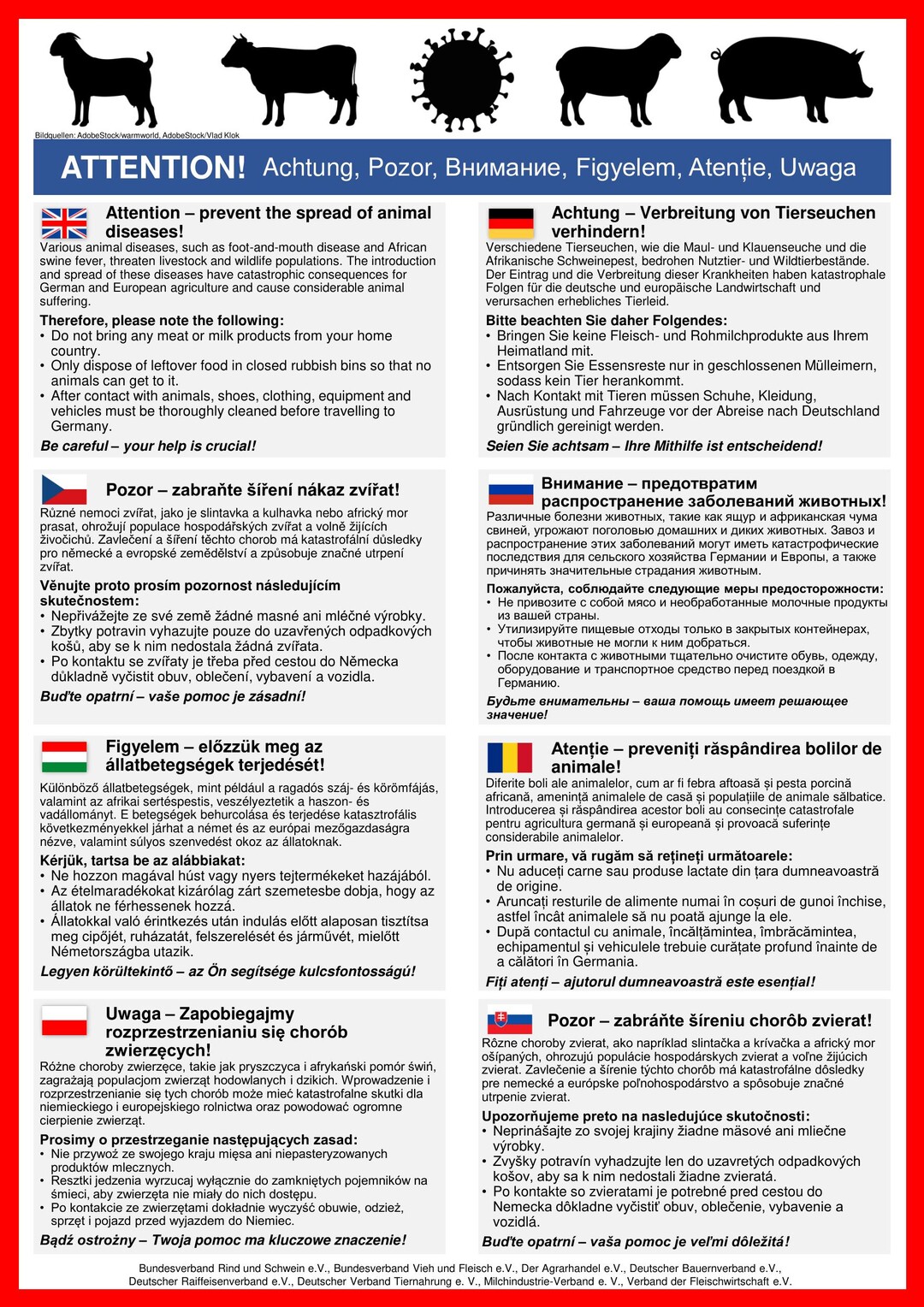Fr Gastarbeiter und Erntehelfer brachte der Deutsche Bauernverband dieses Hinweisschild heraus, welches in acht Sprachen ber die Gefahren der Maul- und Klauenseuche und Verhaltensmanahmen informiert.