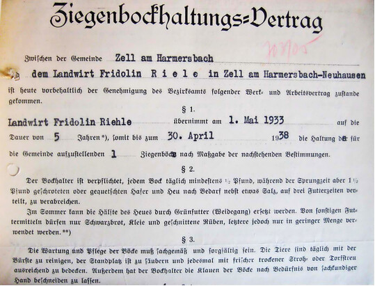 Ziegenbockhaltungs-Vertrag, mit Wirkung zum 1. Mai 1933 auf fnf Jahre zwischen Landwirt Fridolin Riele und der Gemeinde Zell am Harmersbach.