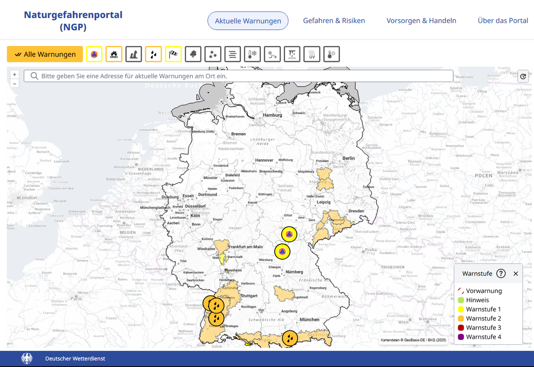 Screenshot des Naturgefahrenportals des Deutschen Wetterdiensts.