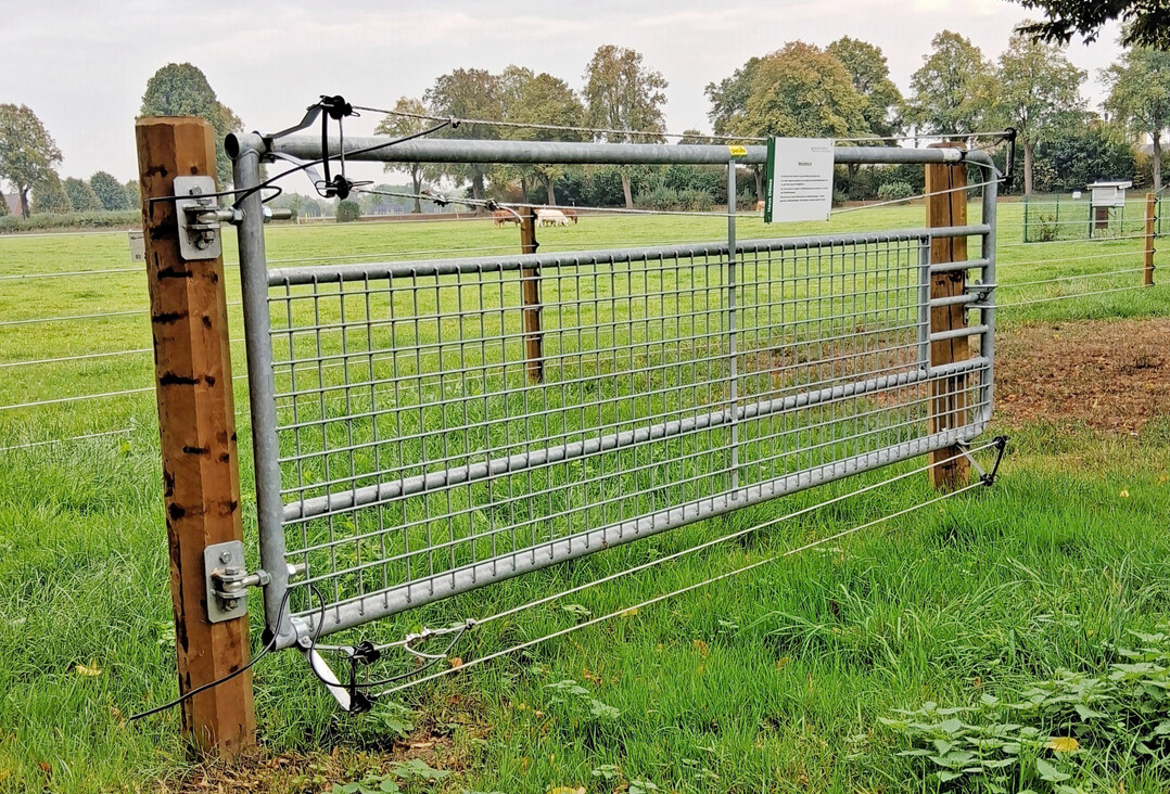 Weidetor mit Gitterfüllung und Elektrifizierungs-Sets als Untergrabe- und Überkletterschutz.