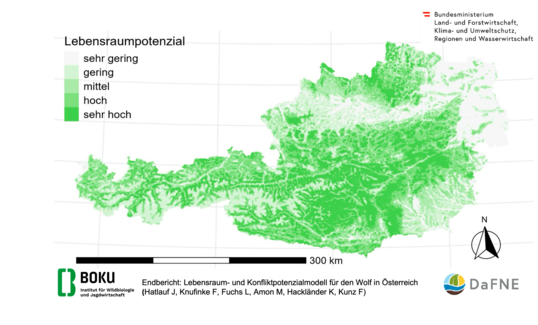 Lebensraumpotenziale des Wolfes in Österreich.
