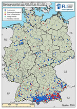Übersicht über Ausbrüche von Blauzungenkrankheit (Serotypen 3, 4 und 8) in Deutschland seit 01.05.2025, Stand 20.11.2025.