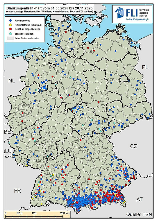 Übersicht über Ausbrüche von Blauzungenkrankheit (Serotypen 3, 4 und 8) in Deutschland seit 01.05.2025, Stand 20.11.2025.