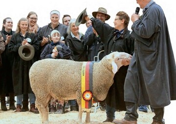 Kerstin Smietana freut sich ber 
ihren Champion, den Merinolandschafbock mit der Kat.-Nr. 20.