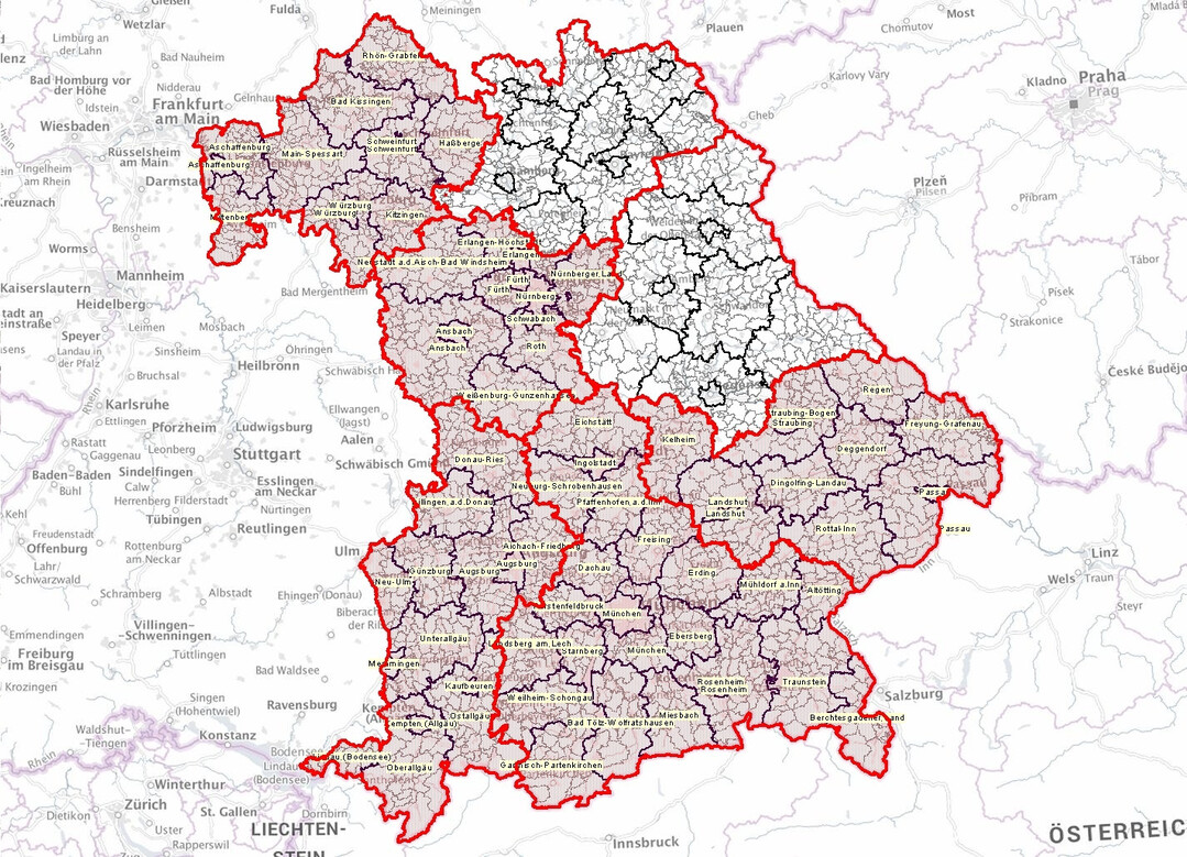 Lediglich Oberfranken und die Oberpfalz (hellgrau) sind noch keine Restriktionsgebiete. Alle rot schraffierten Gebiete Bayerns sind von dem Blauzungenvirus betroffen.