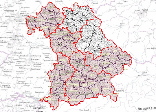 Lediglich Oberfranken und die Oberpfalz (hellgrau) sind noch keine Restriktionsgebiete. Alle rot schraffierten Gebiete Bayerns sind von dem Blauzungenvirus betroffen.