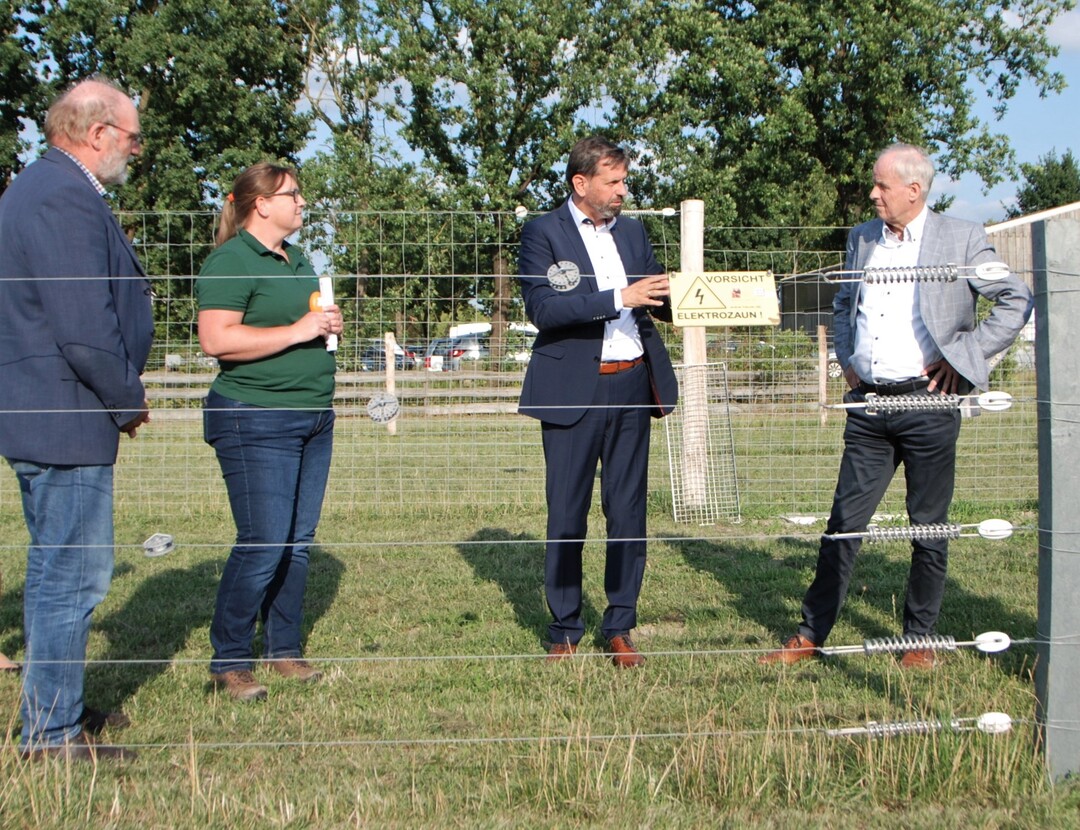 Kammerdirektor Hans-Joachim Harms (von rechts) tauschte sich mit Niedersachsens Umweltminister Olaf Lies, Herdenschutz-Koordinatorin Elke Steinbach sowie Dr. Uwe Clar, stellvertretender Geschftsfhrer des Landwirtschaftlichen Bildungszentrums Echem, ber das Thema Herdenschutz aus. 