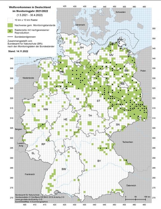 Wolfsvorkommen in Deutschland im Monitoringjahr 2021/2022