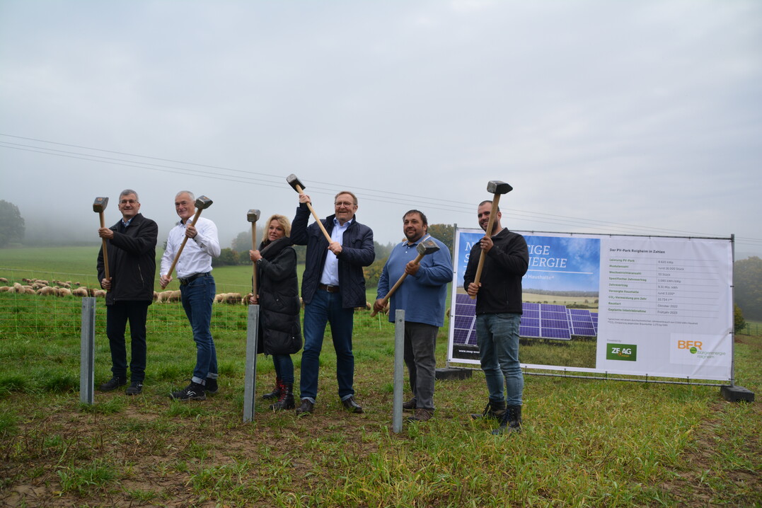 Der erste Hammerschlag mit Harald Endreß (Geschäftsführer der ZEAG Erneuerbare Energien GmbH), Franc Schütz (Vorstand der ZEAG Energie AG), Anette Wohlfarth (Geschäftsführerin des
Landesschafzuchtverbands Baden-Württemberg e.V.), Bürgermeister Michael Grimm (Gemeinde Roigheim), Martin Ernst (Schafzüchter), Patrick Friedrich (ZEAG Energie AG) (v.l.)