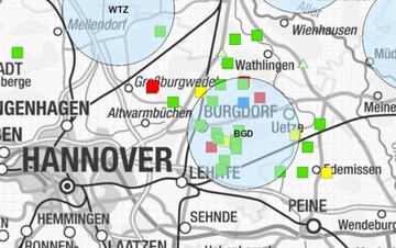 Gemeldete Nutztierrissereignisse im Bereich des Burgdorfer Rudels (rot: Rind, grn: Schaf, gelb: Pferd, Dreieck: in Bearbeitung); Quelle: https://is.gd/kNIN8e 