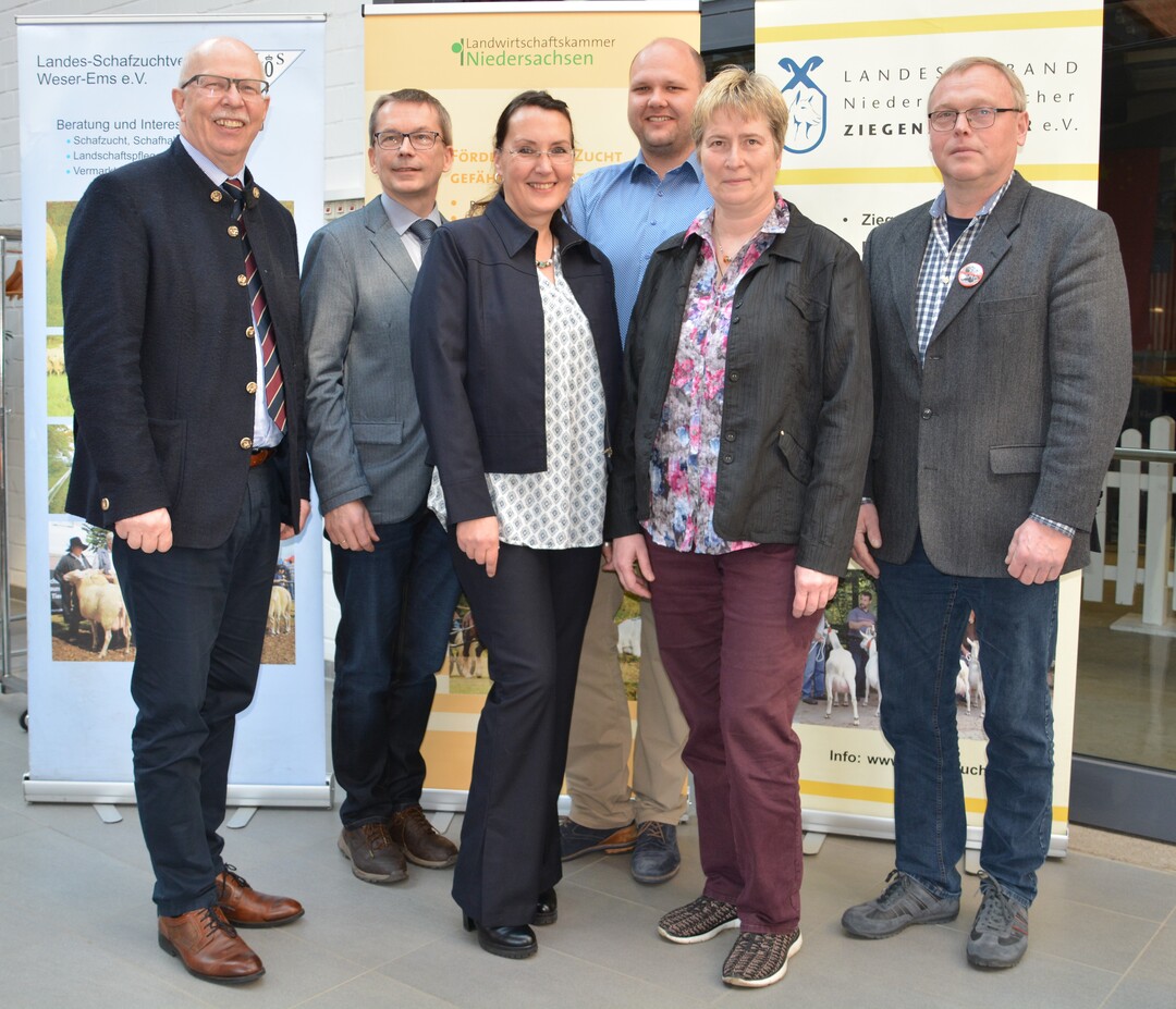Diskutierten in Verden über die wirtschaftliche Situation der 11.000 Schafhalter und 3.500 Ziegenhalter in Niedersachsen (von links): Kammerpräsident Gerhard Schwetje, Klaus Gerdes (Schafzuchtexperte der Landwirtschaftskammer), Antje Hamann-Thölken (Tierärztin für Schaf-, Ziegen- und Schweinegesundheit bei der Landwirtschaftskammer), Martin Steffens (Landesbetrieb Landwirtschaft in Hessen), Edda Riedel (Beratungsring für Schafhalter in Schleswig-Holstein) und
Joachim Rehse (Vorsitzender des Schafzuchtverbandes Niedersachsen).