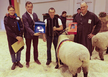 Mister Karow stammt aus der Zucht Lbstorf (v.l.): Susanne Petersen, Dr. Siegfried Hoffmann vom Landesamt fr Landwirtschaft, Lebensmittelsicherheit und Fischerei Mecklenburg-Vorpommern, Jrg Pundt und Stefan Erb.